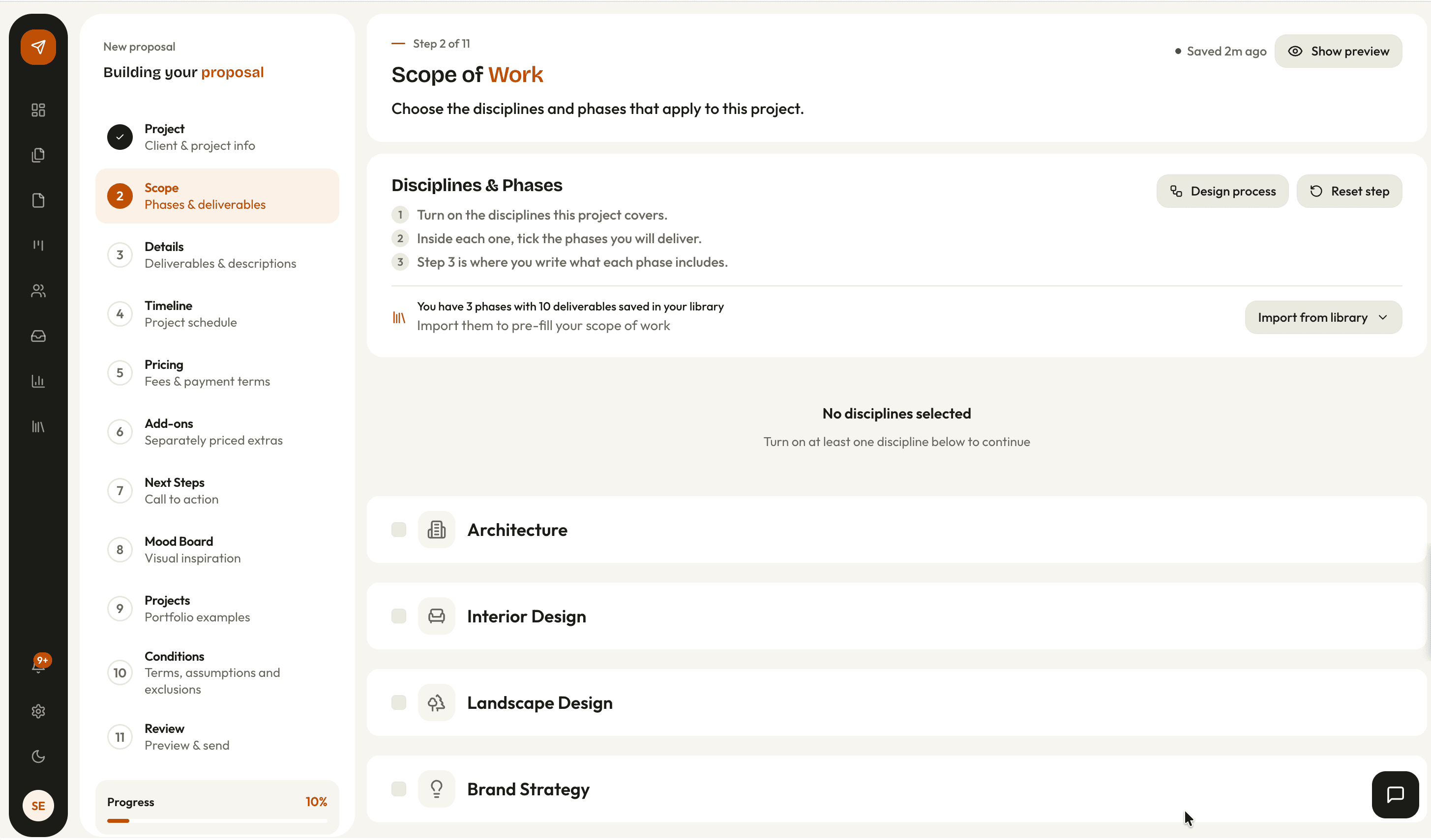 The scope step of a new proposal in AirQuotes, with the phases and the deliverables under each one laid out for review before sending.