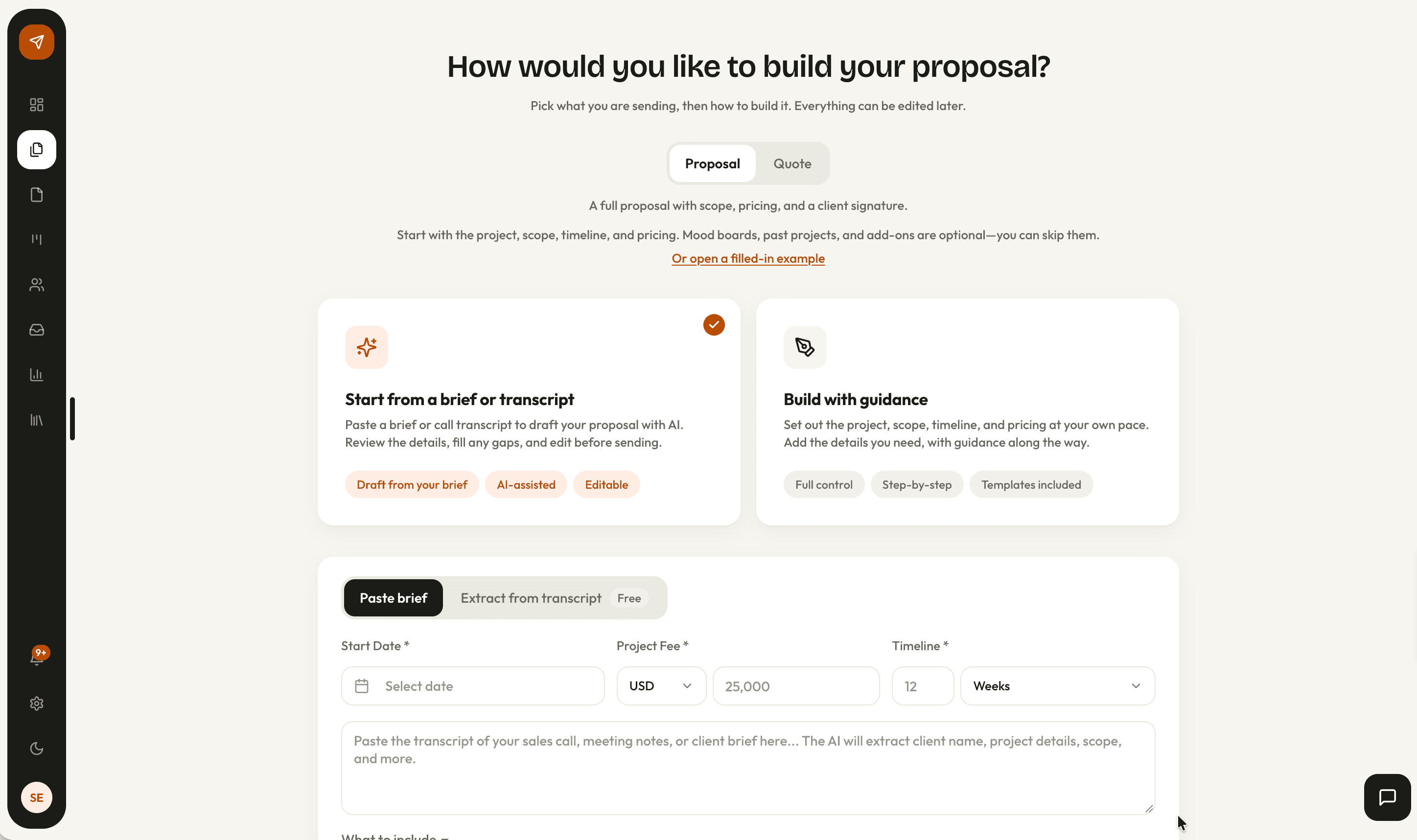 The Client & Project step of the proposal wizard, with the generated draft in the live preview panel