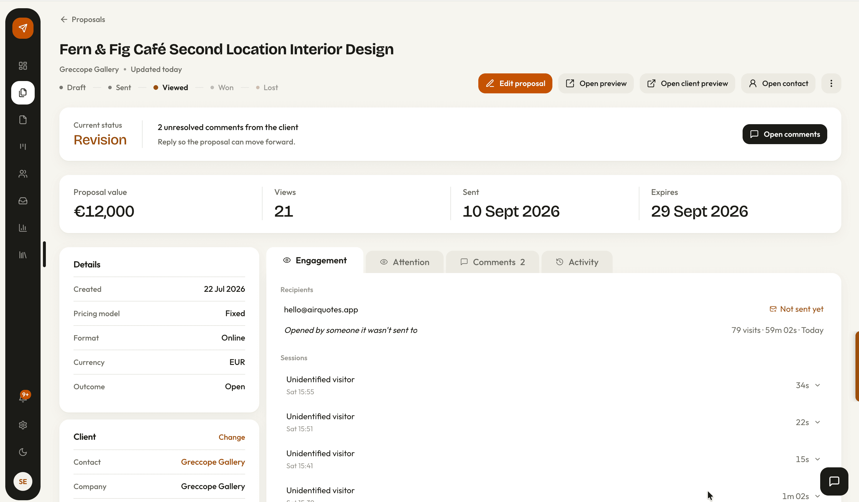 The engagement panel showing views and per-section time for a sent proposal