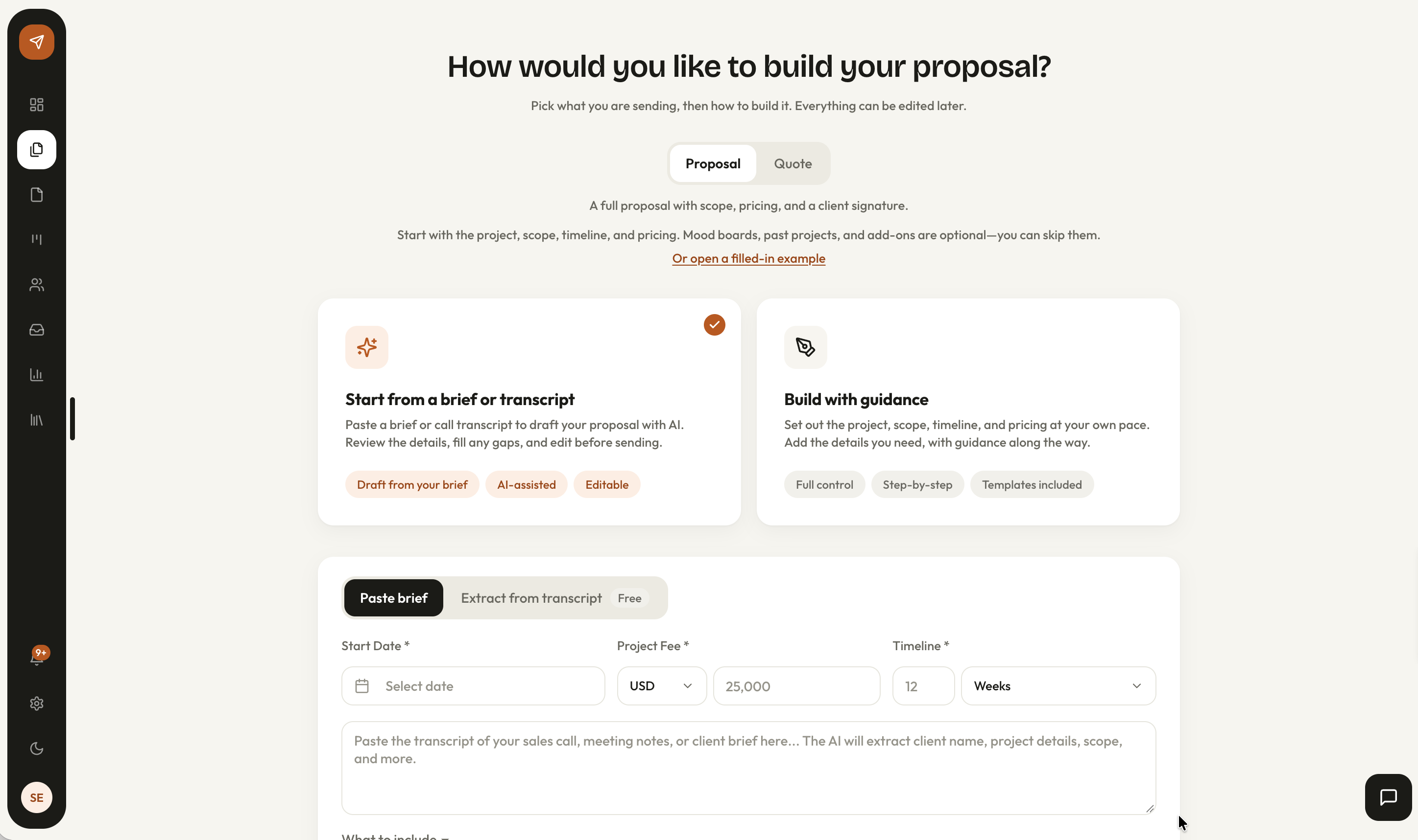 The new proposal screen in AirQuotes, with the option to start from a brief or transcript selected.