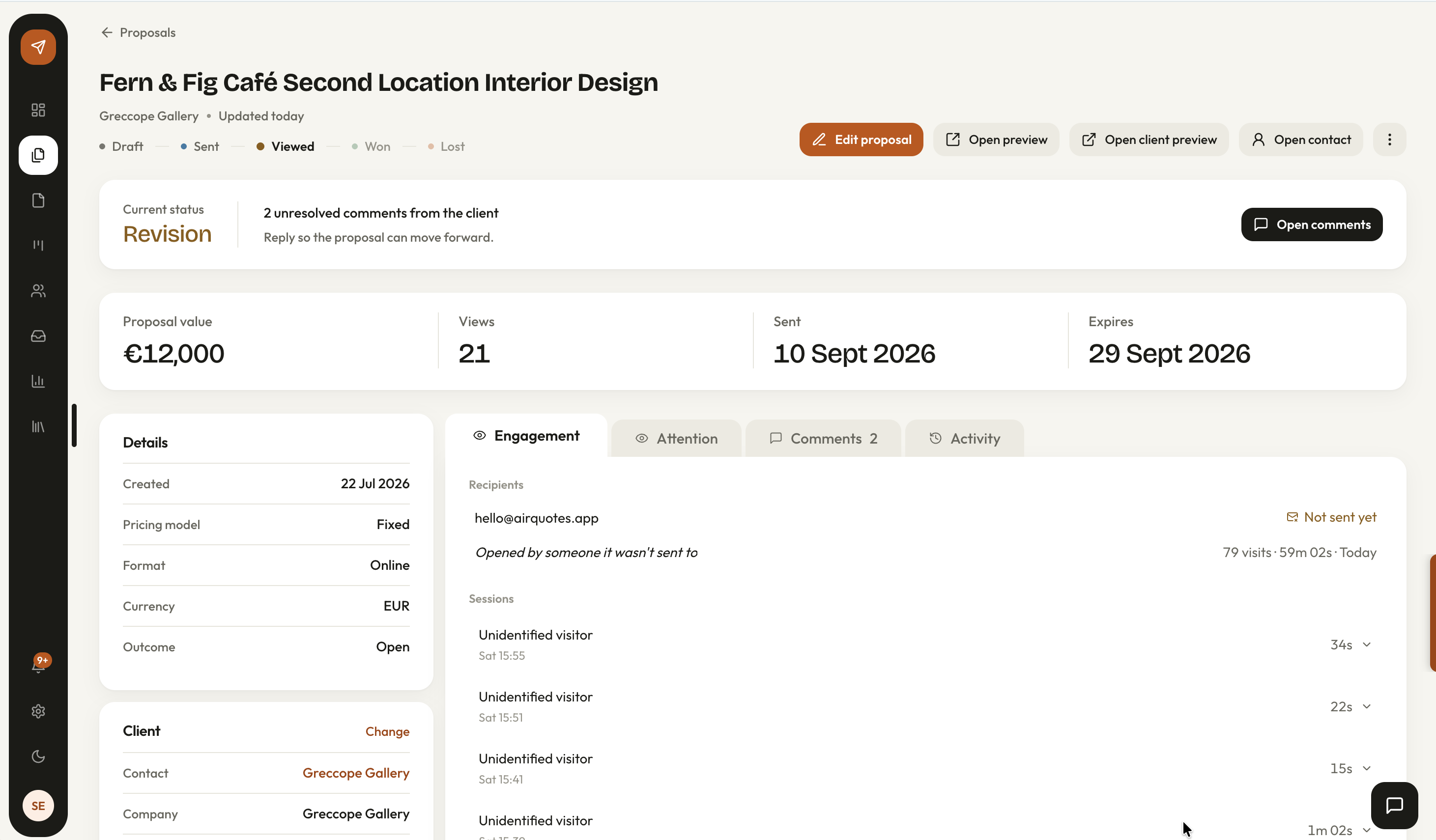 A shared proposal in AirQuotes showing its Viewed status, view count, client comments and engagement history to give the studio context for following up.